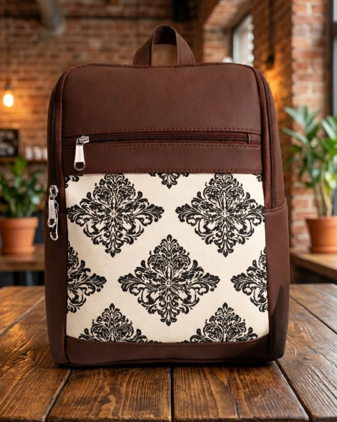 china pu leather backpack Ethnic Print Backpack with Faux Leather Finish & Multiple Compartments –  xyvo