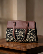 Black Floral Premium Brown Faux Leather Professional Handbag for Women