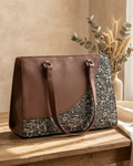 Premium Brown Faux Leather & Floral Fabric Office Chic Carry Bag for Women