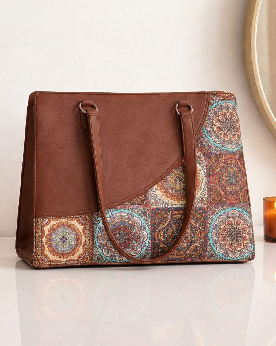 Mandala Premium Brown Faux Leather Finish Office Chic Carry Bag for Women