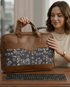 Navy Blue Floral Women's Laptop Bag Faux Leather Handles