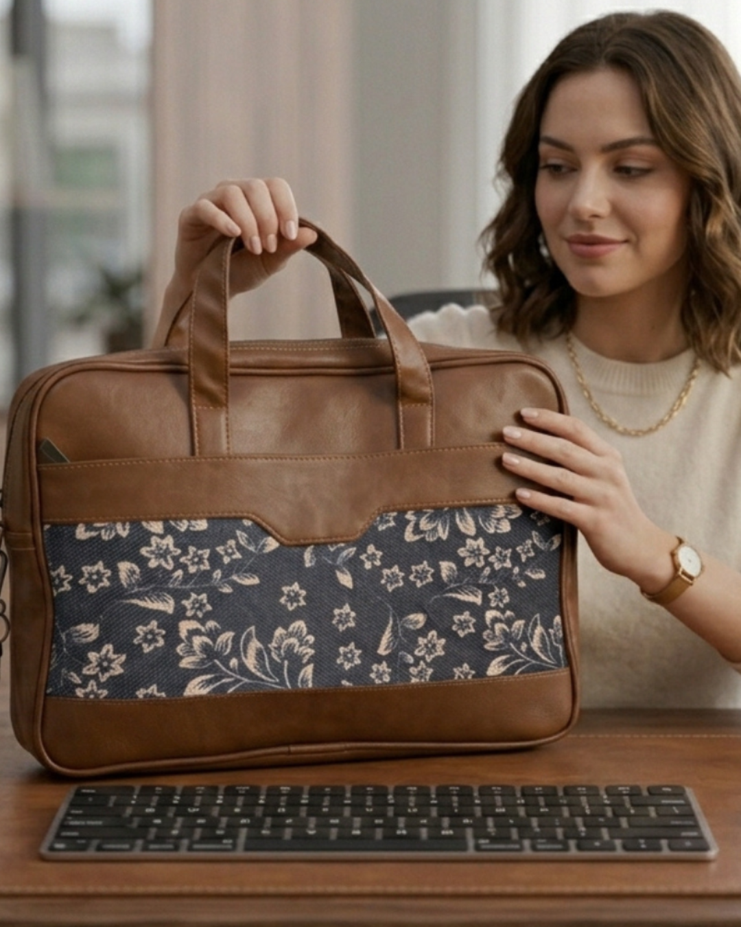 Navy Blue Floral Women's Laptop Bag Faux Leather Handles