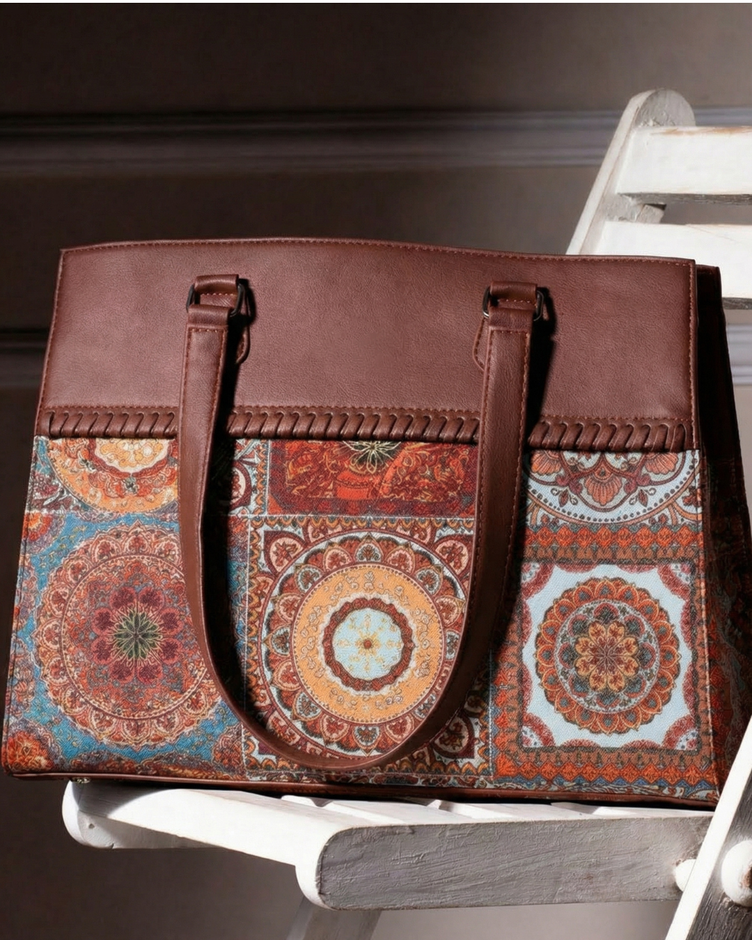Multicolor Mandala Premium Brown Faux Leather Professional Handbag for Women