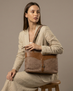 Beige Abstract Shoulder Bag Faux Leather Handles for Women