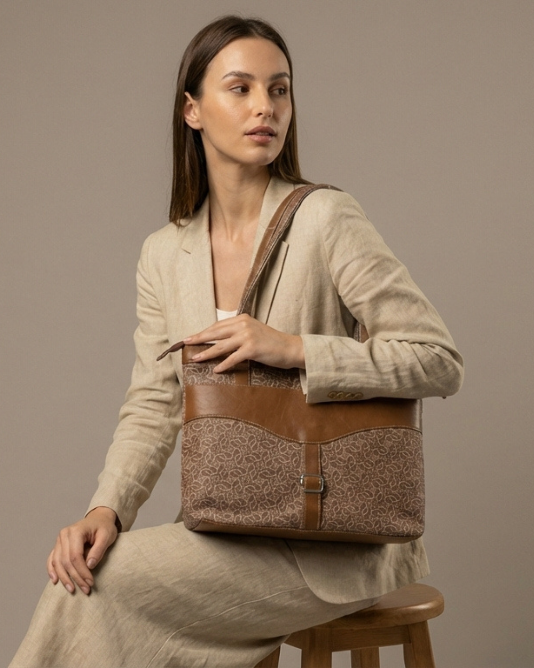 Beige Abstract Shoulder Bag Faux Leather Handles for Women