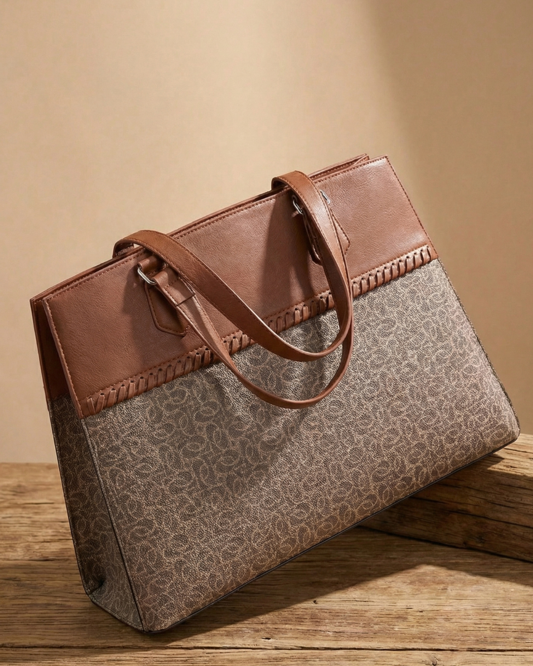 Subtle Brown Textured Monogram Premium Faux Leather Professional Handbag for Women