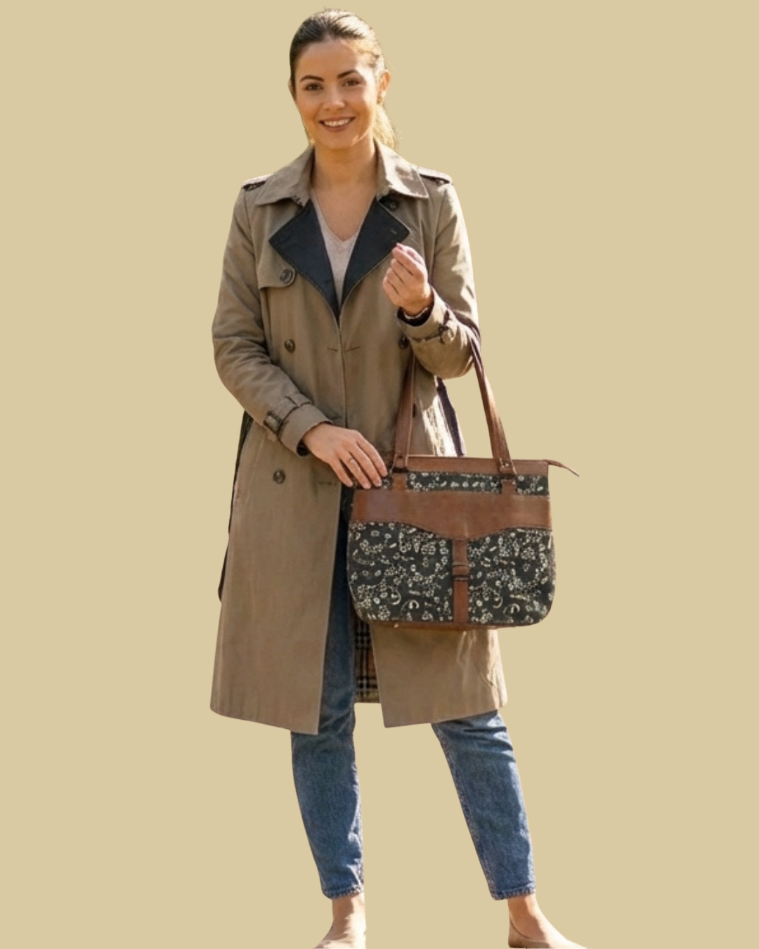 Black Floral Shoulder Bag Faux Leather Handles for Women