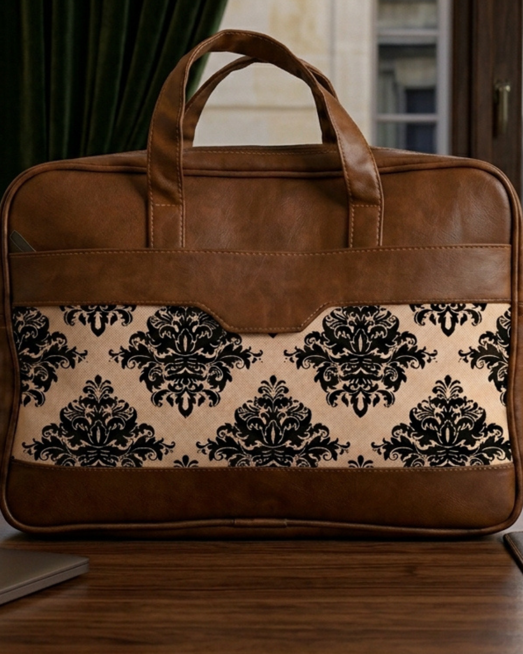 Men's Damask Canvas & PU Leather Laptop Office Bag