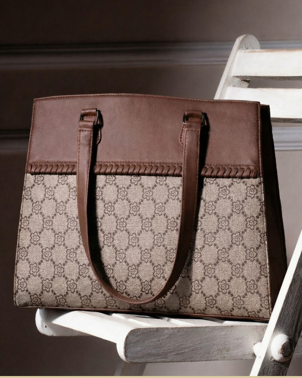 Beige Geometric Monogram Premium Brown Faux Leather Professional Handbag for Women