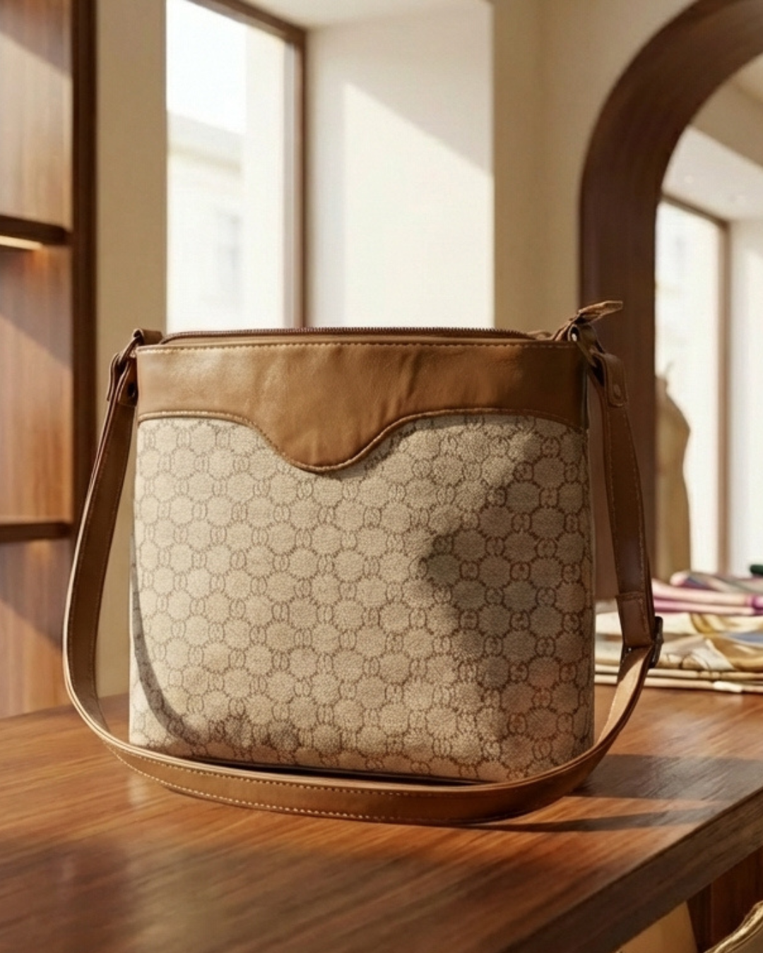 Beige Monogram Crossbody Sling Bag