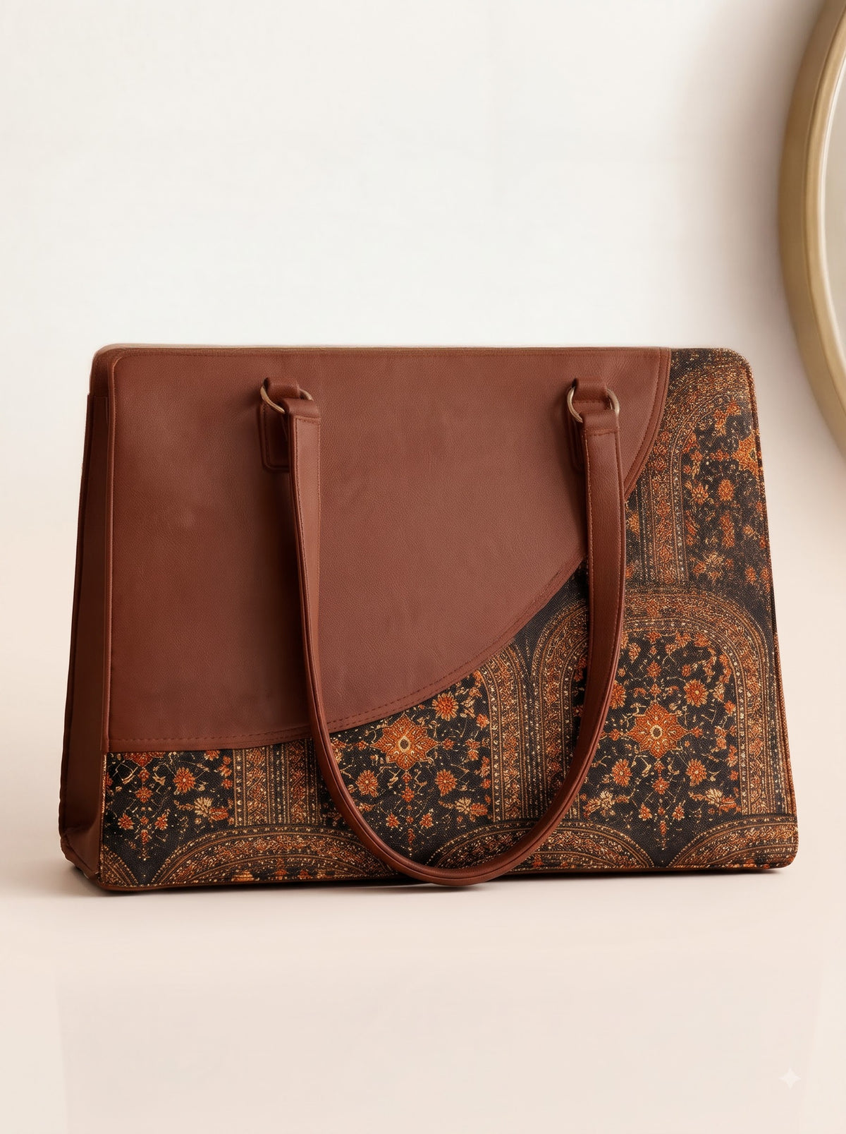 Dark Ethnic Premium Brown Faux Leather Finish Office Chic Carry Bag for Women