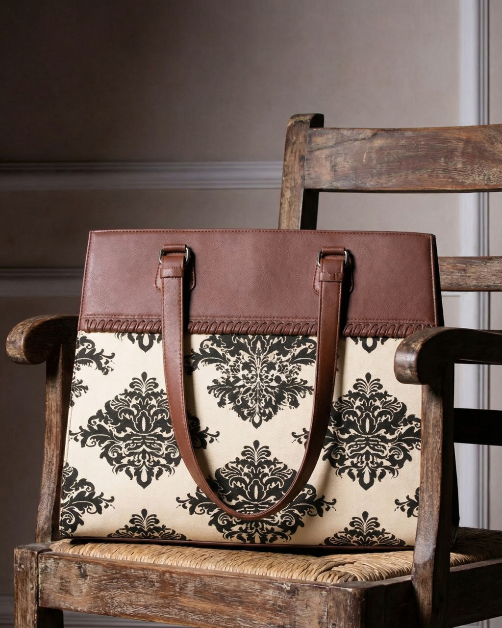Classic Beige Damask Premium Brown Faux Leather Professional Handbag for Women