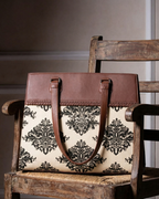 Classic Beige Damask Premium Brown Faux Leather Professional Handbag for Women