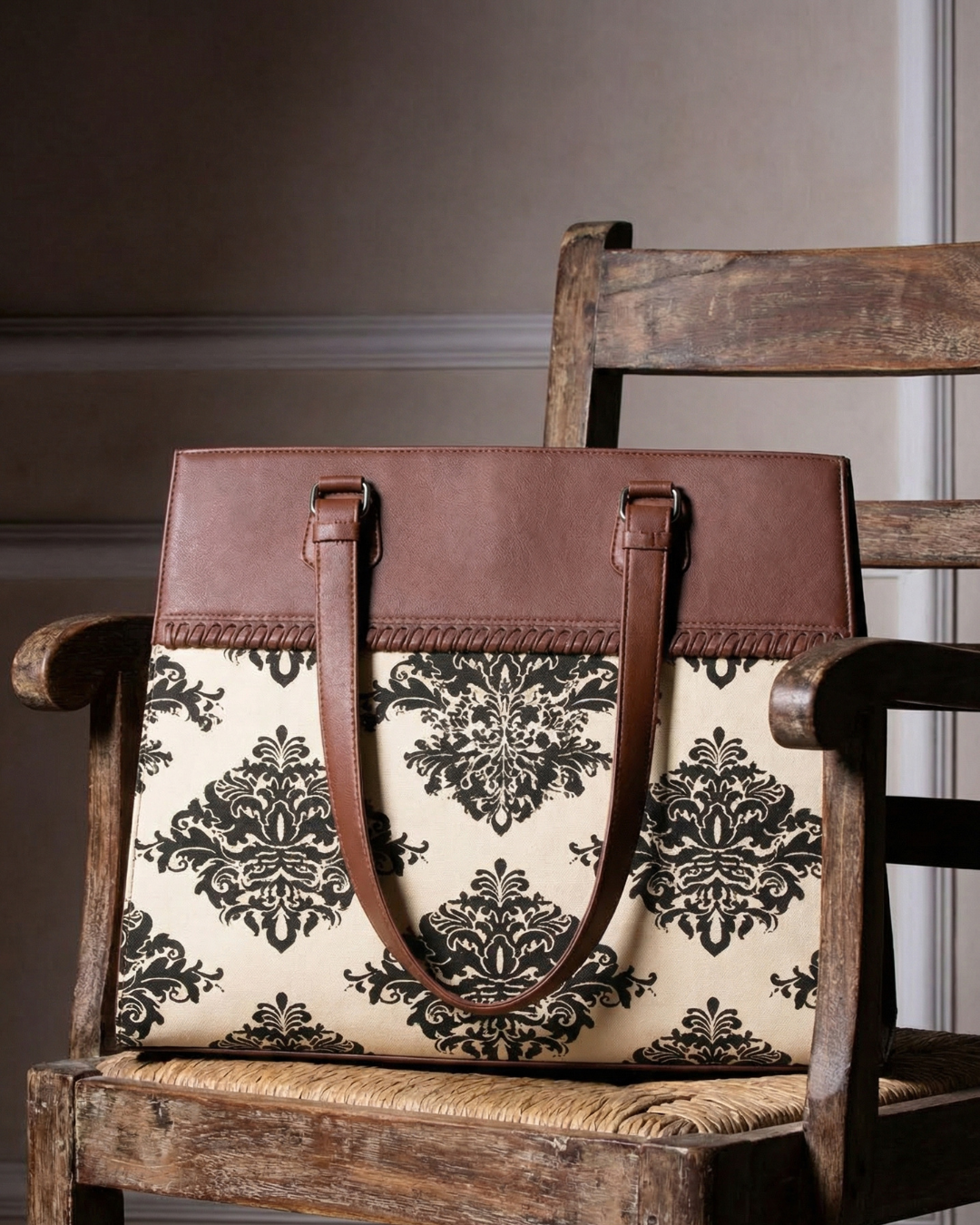 Classic Beige Damask Premium Brown Faux Leather Professional Handbag for Women