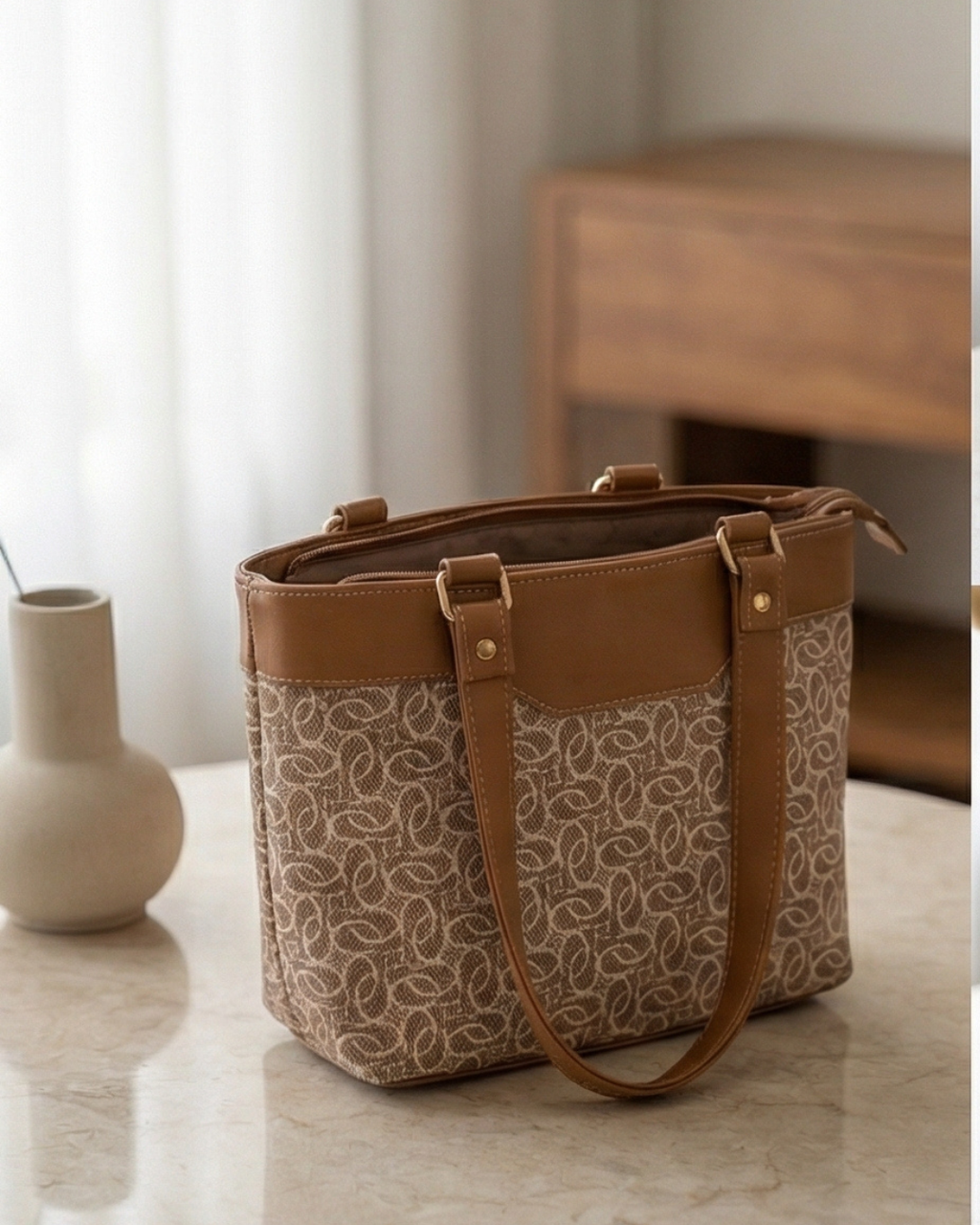 Beige Geometric Satchel Handbag for Women