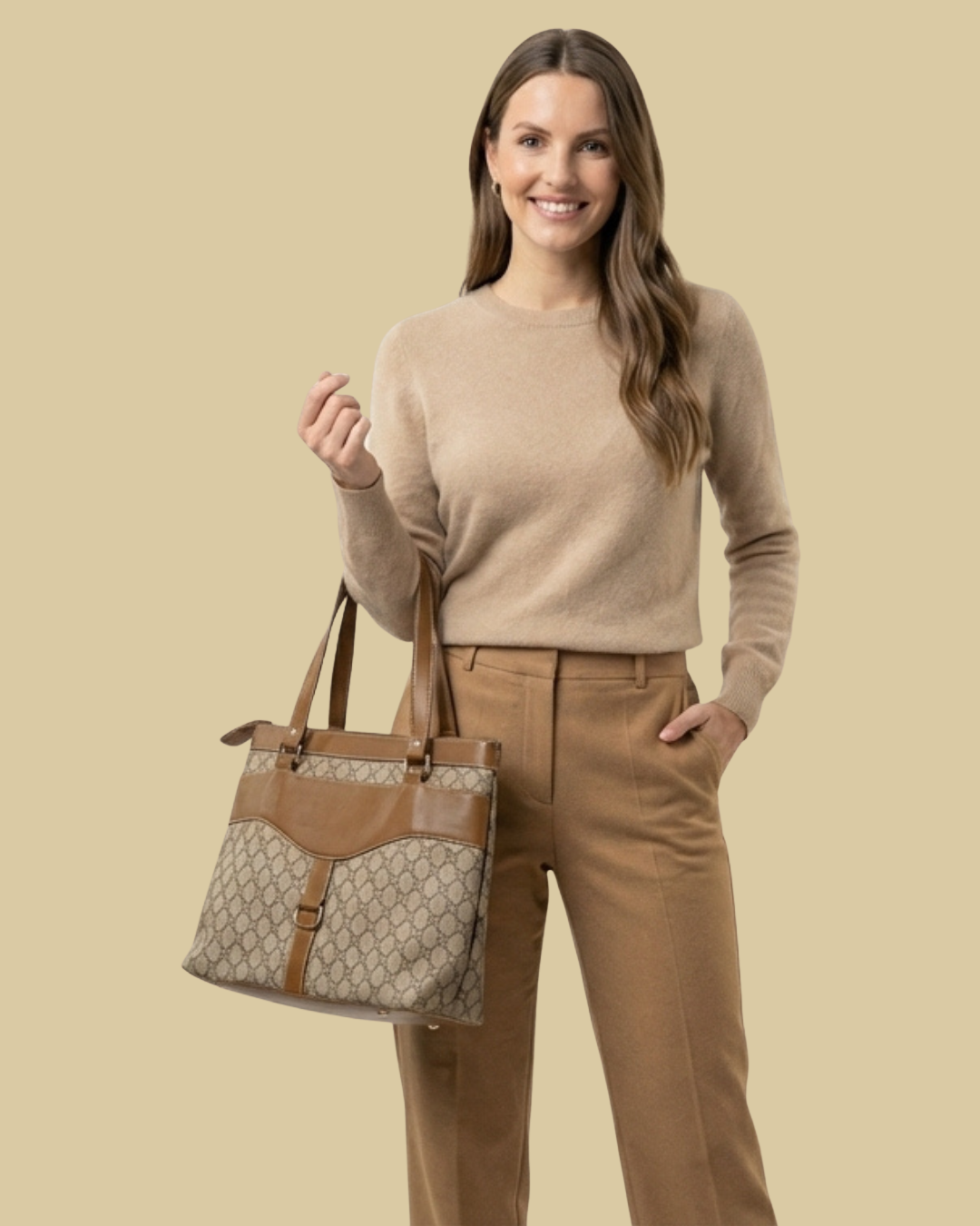 Beige Monogram Shoulder Bag Faux Leather Handles for Women