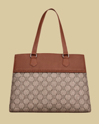 Beige Geometric Monogram Premium Brown Faux Leather Professional Handbag for Women