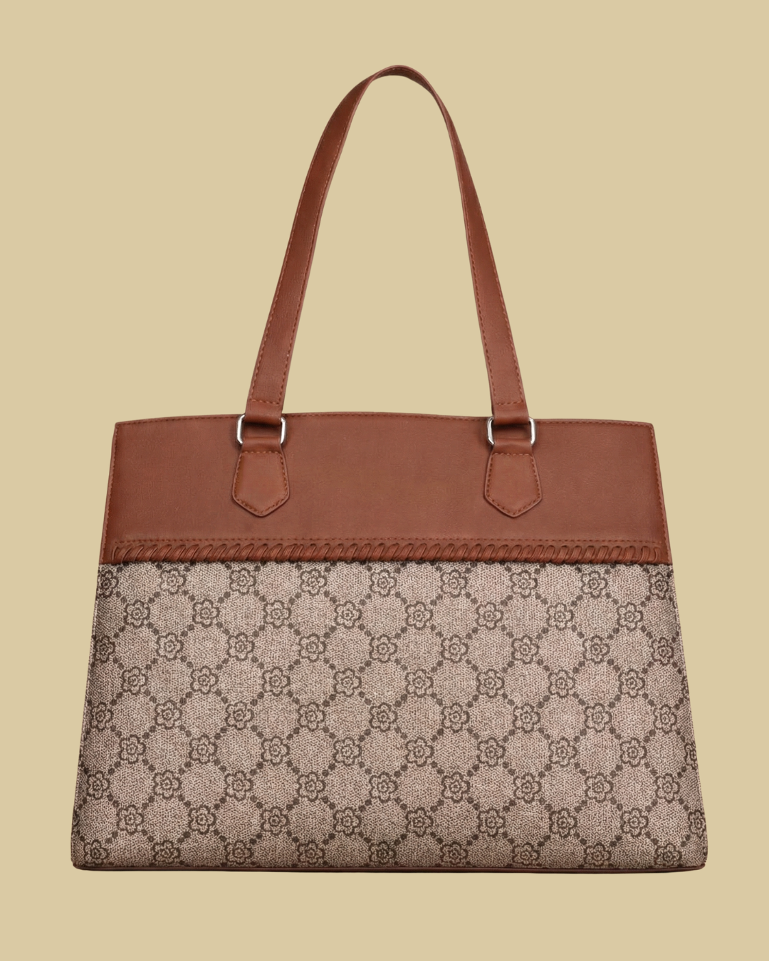Beige Geometric Monogram Premium Brown Faux Leather Professional Handbag for Women