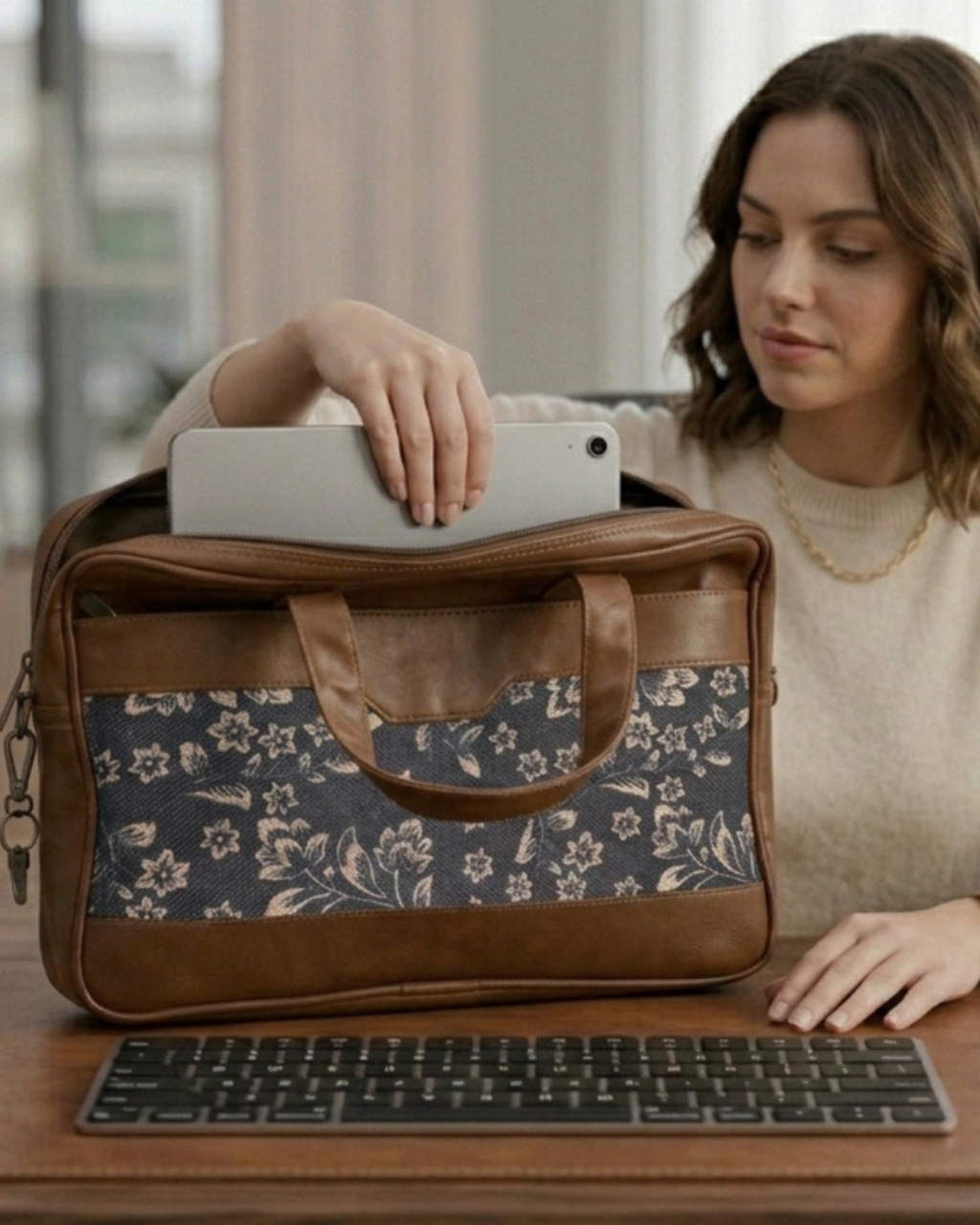 Navy Blue Floral Women's Laptop Bag Faux Leather Handles
