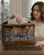 Navy Blue Floral Women's Laptop Bag Faux Leather Handles