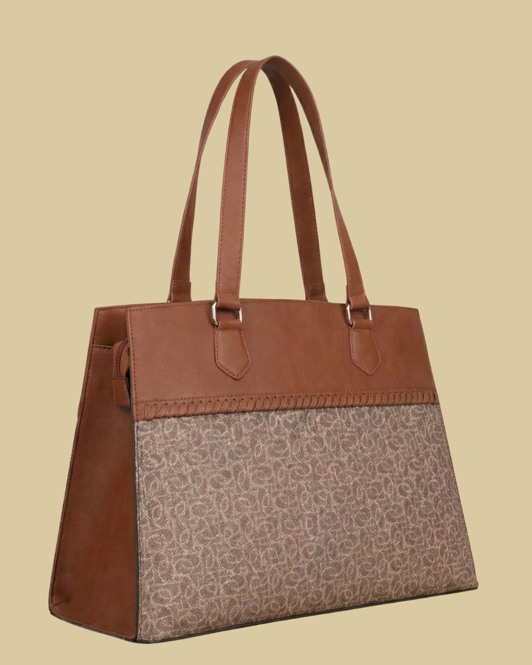 Subtle Brown Textured Monogram Premium Faux Leather Professional Handbag for Women