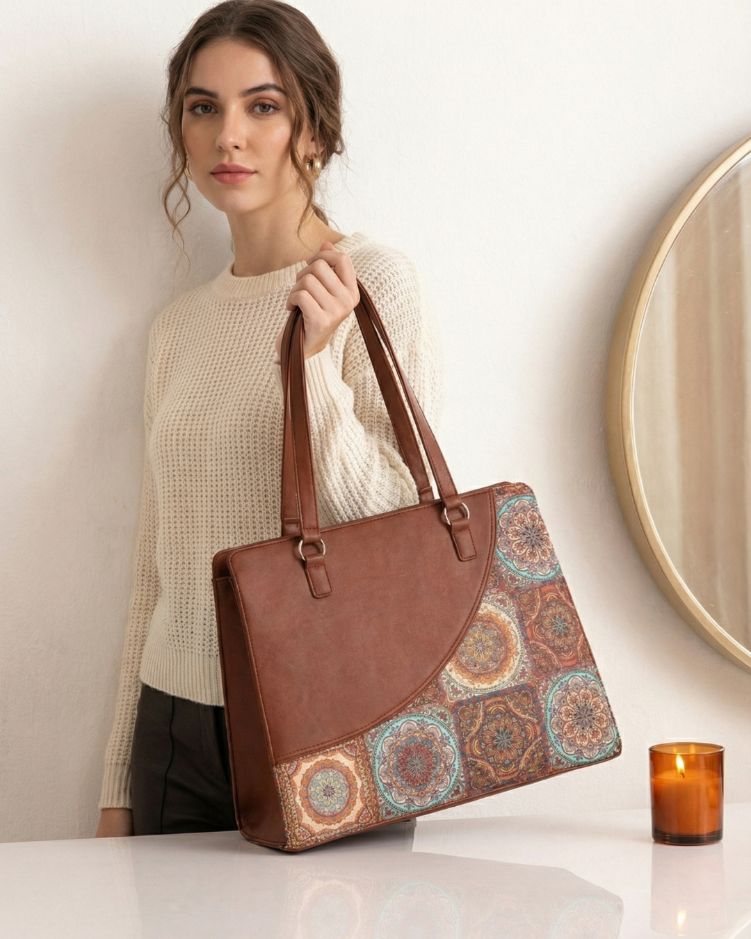 Mandala Premium Brown Faux Leather Finish Office Chic Carry Bag for Women