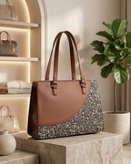 Premium Brown Faux Leather & Floral Fabric Office Chic Carry Bag for Women