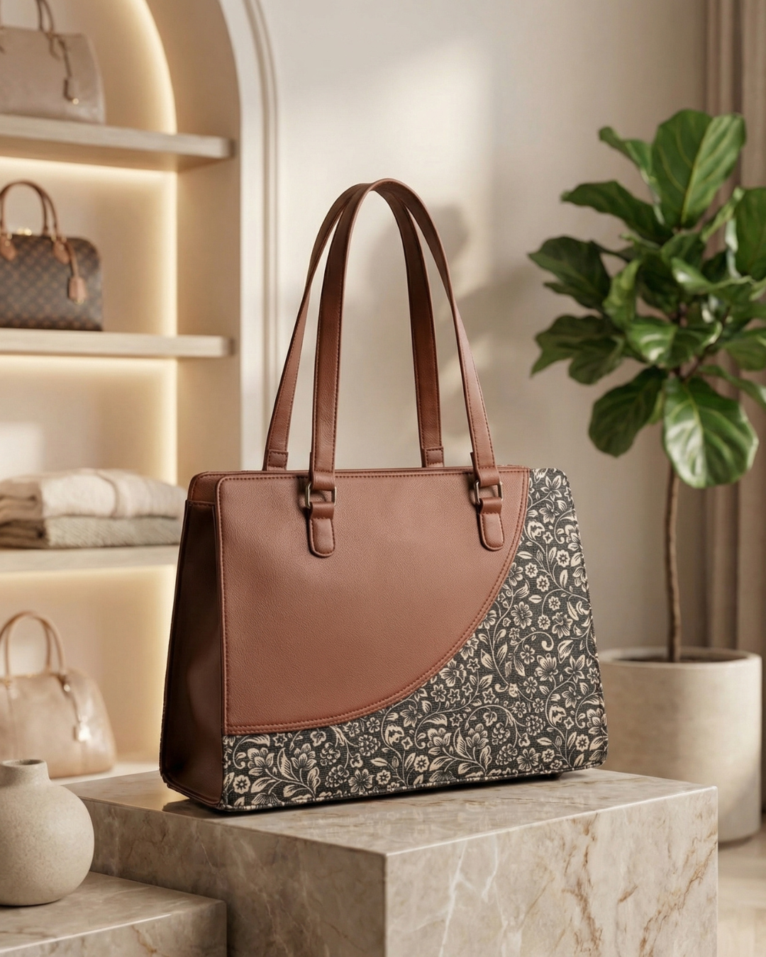 Premium Brown Faux Leather & Floral Fabric Office Chic Carry Bag for Women