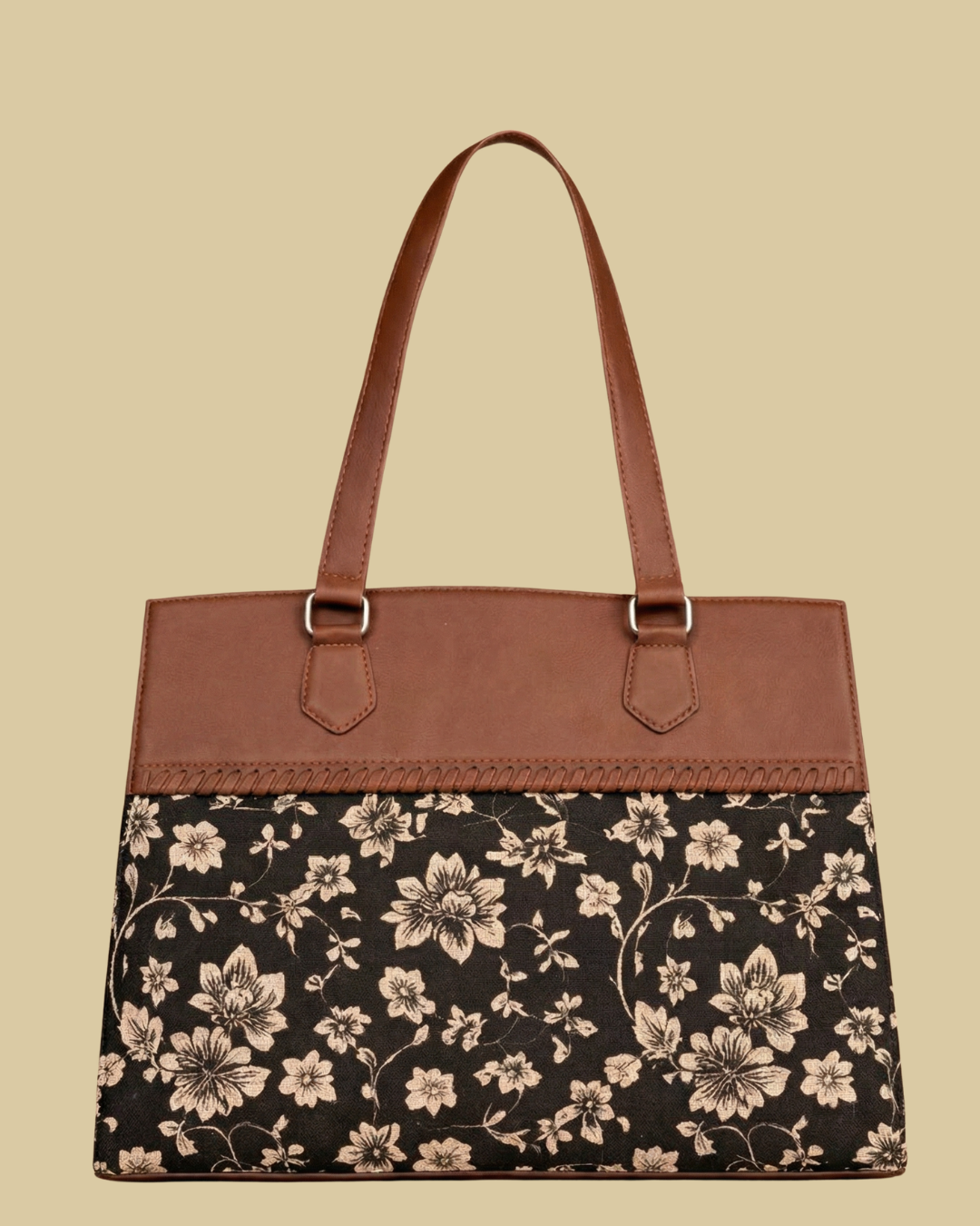 Black Floral Premium Brown Faux Leather Professional Handbag for Women