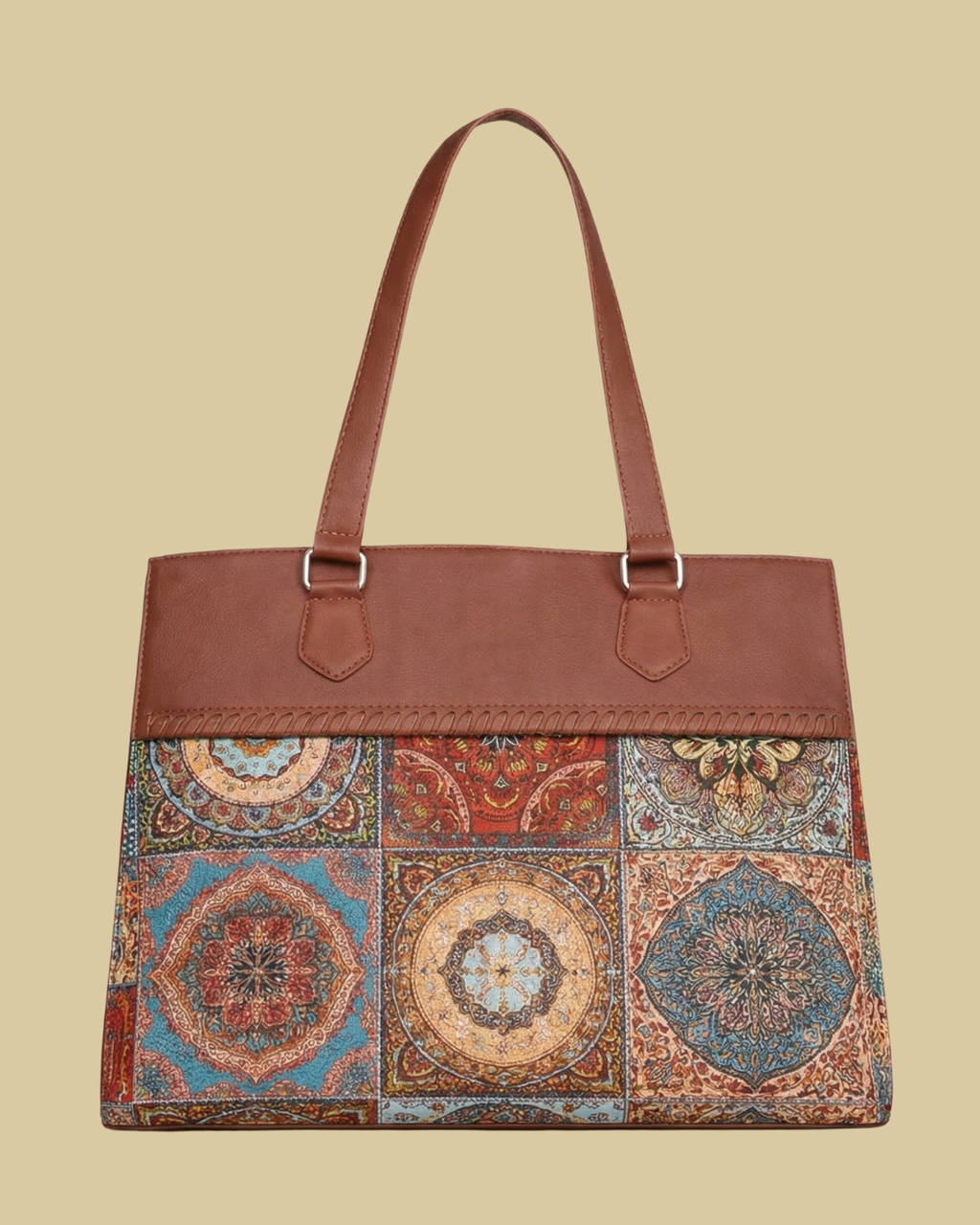 Multicolor Mandala Premium Brown Faux Leather Professional Handbag for Women