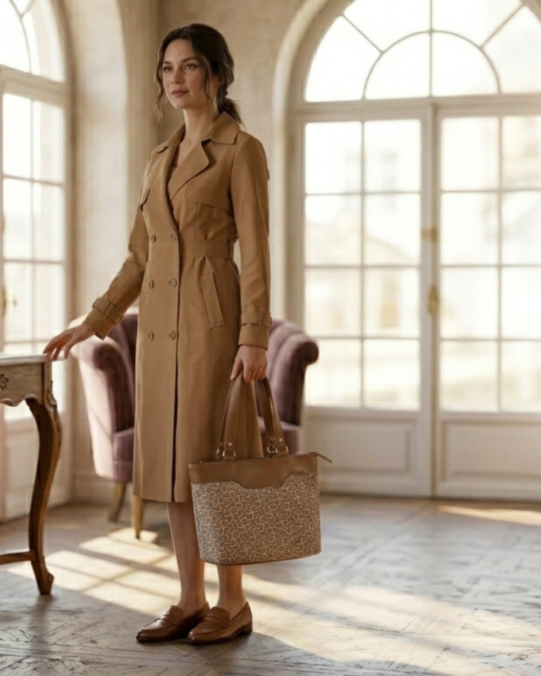 Beige Geometric Satchel Handbag for Women