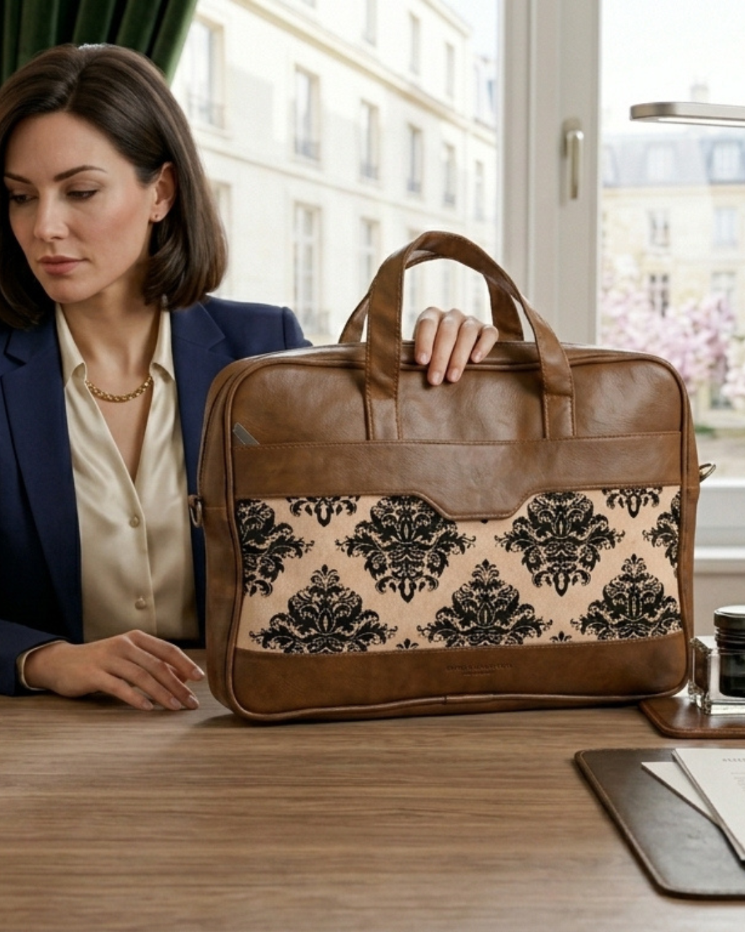 Vintage Damask Canvas & PU Leather Laptop Office Bag