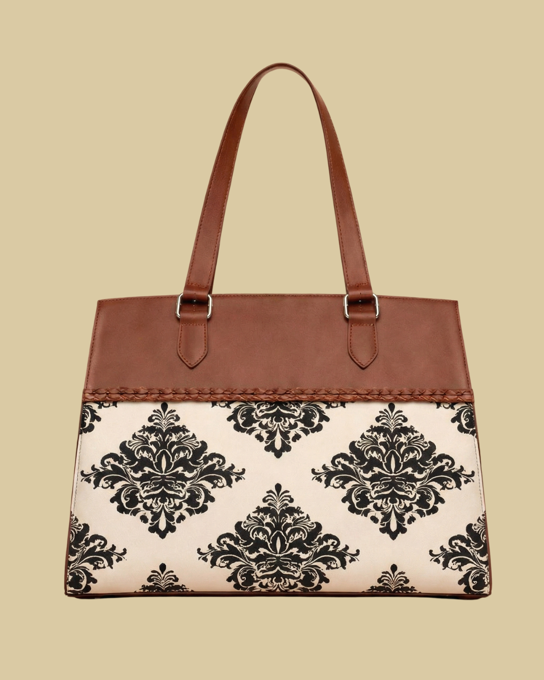 Classic Beige Damask Premium Brown Faux Leather Professional Handbag for Women