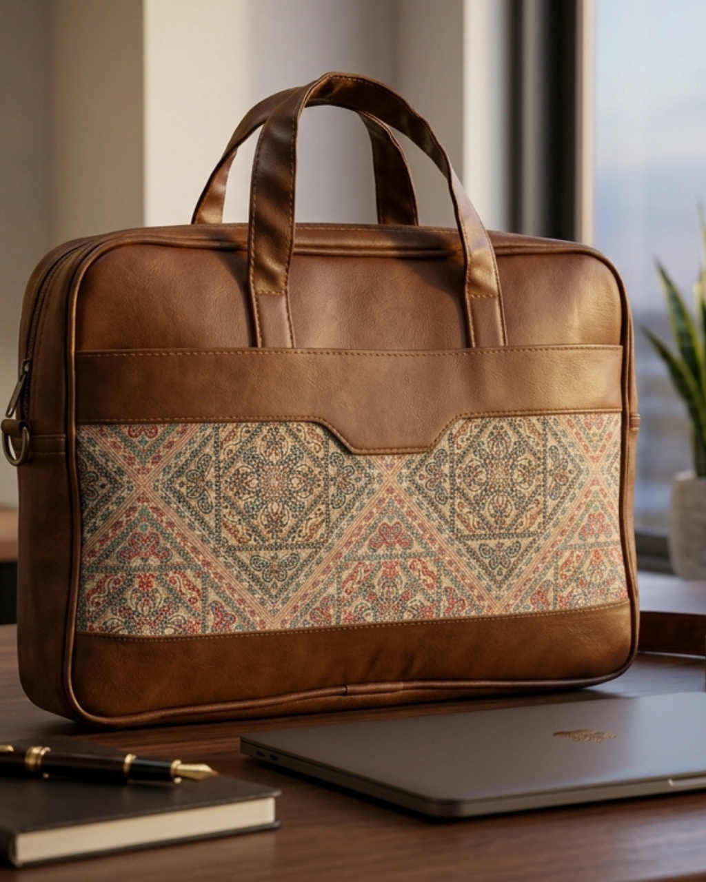 Men's Vintage Pattern Canvas & PU Leather Laptop Office Bag