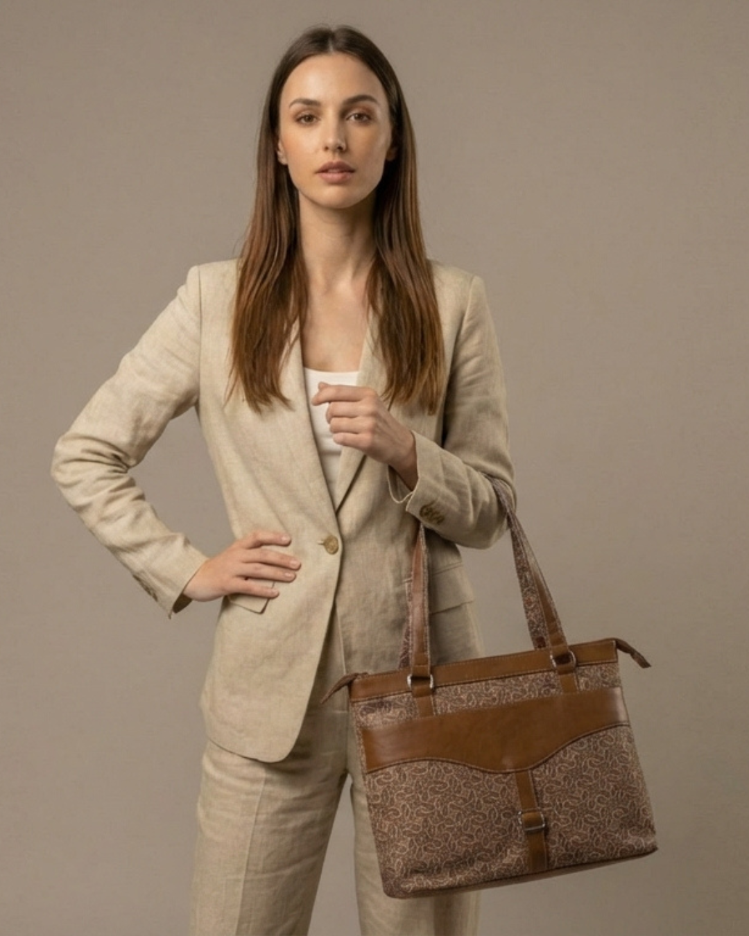 Beige Abstract Shoulder Bag Faux Leather Handles for Women