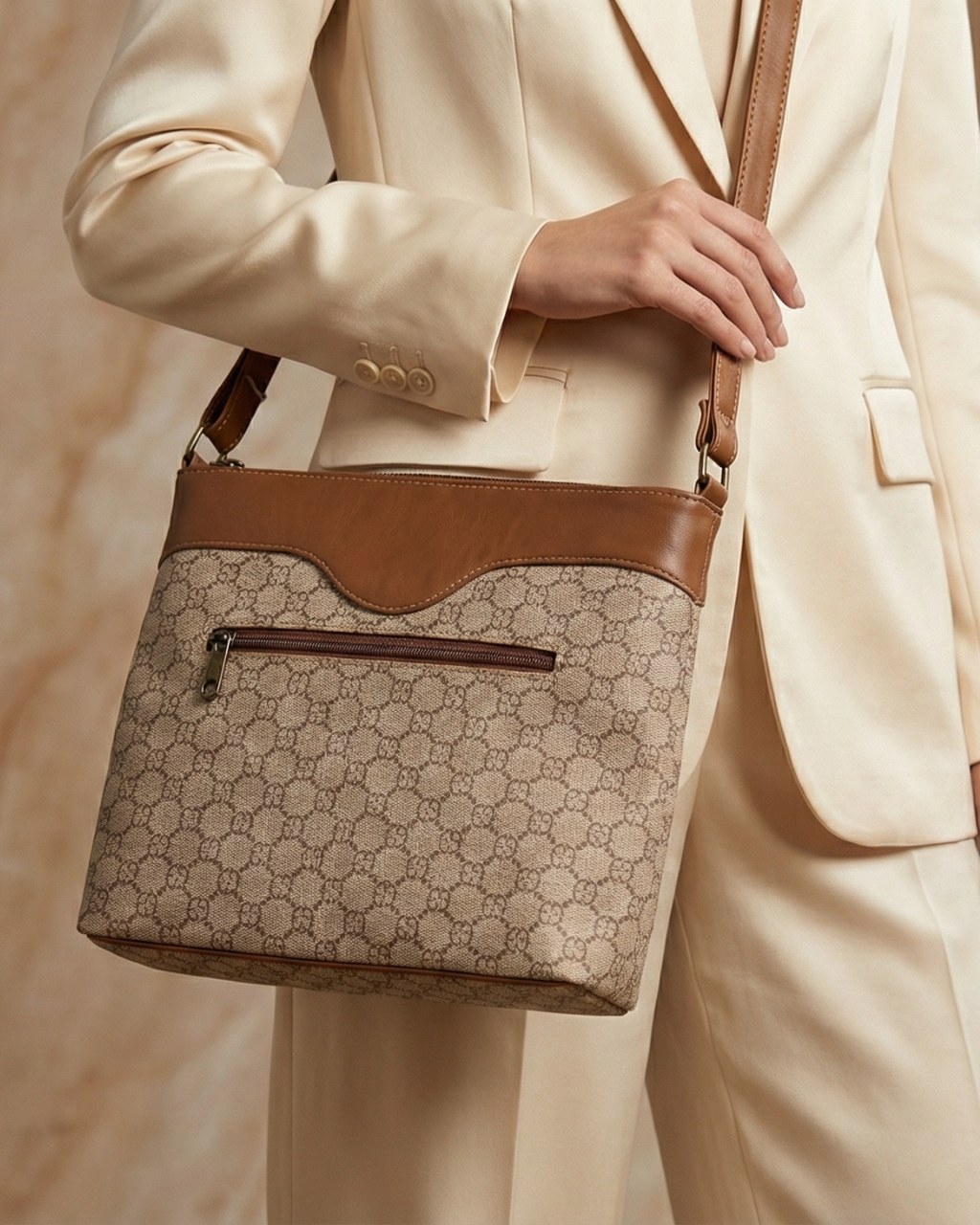 Beige Monogram Crossbody Sling Bag