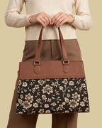 Black Floral Premium Brown Faux Leather Professional Handbag for Women
