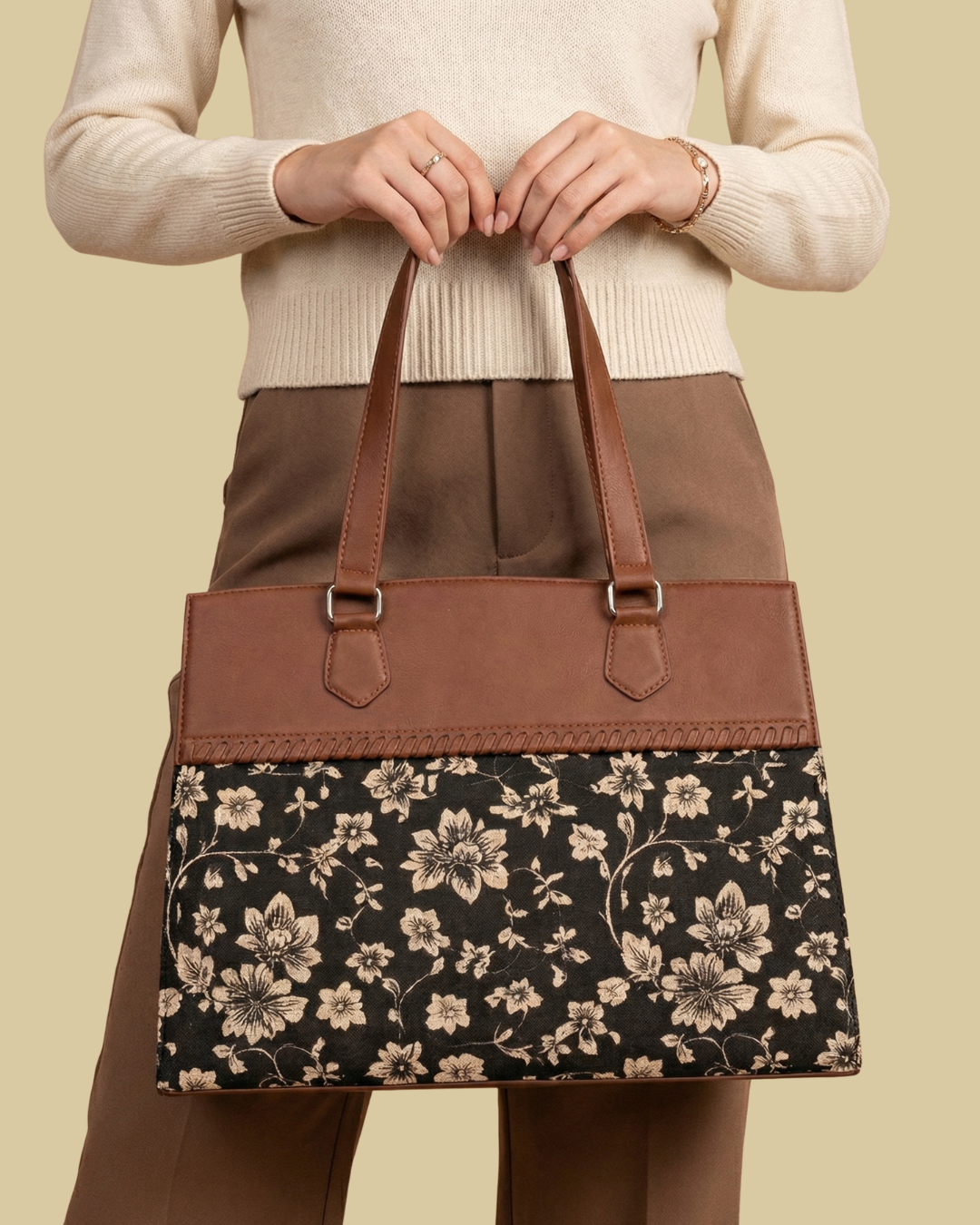 Black Floral Premium Brown Faux Leather Professional Handbag for Women