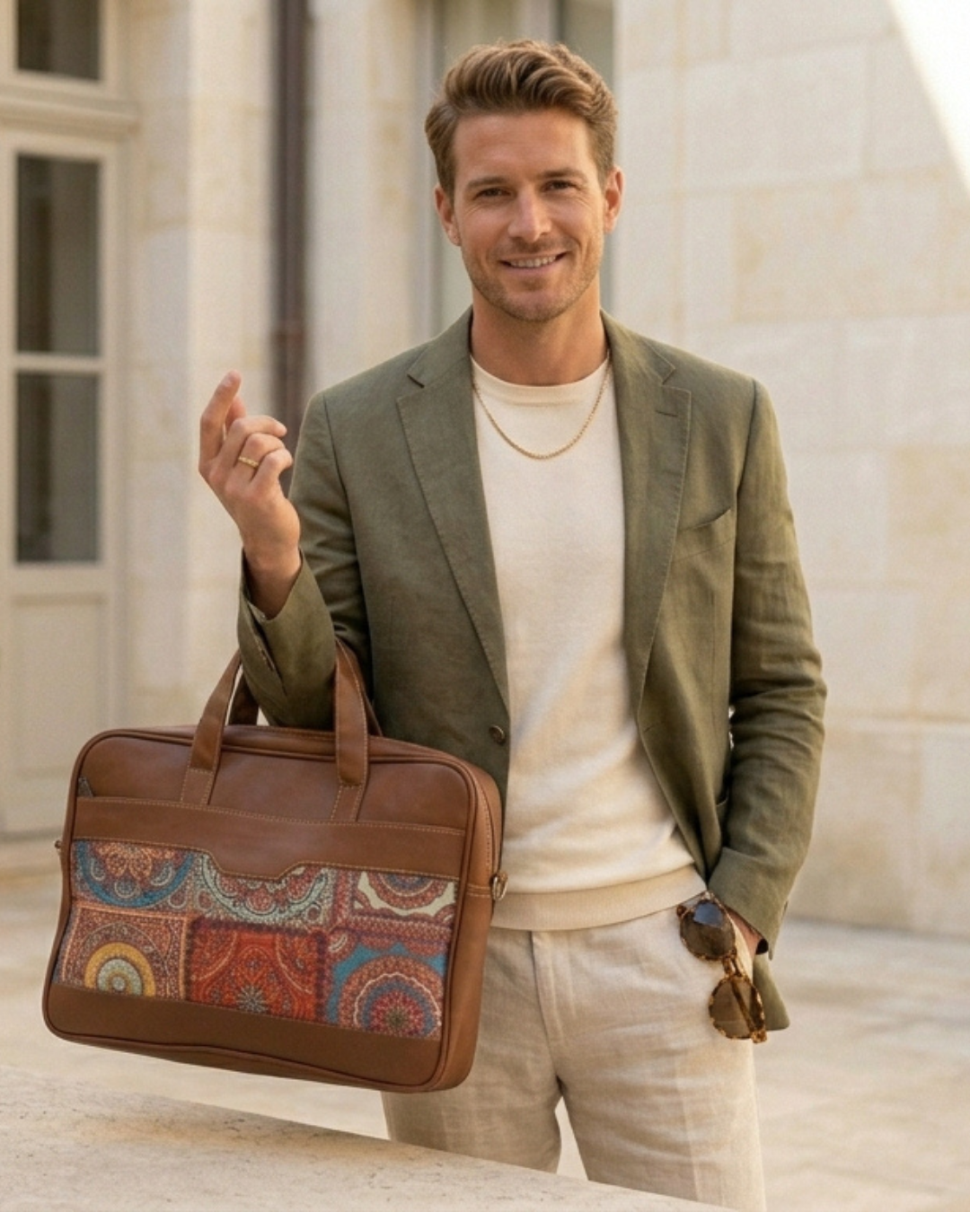 Men's Ethnic Print Canvas & PU Leather Laptop Office Bag