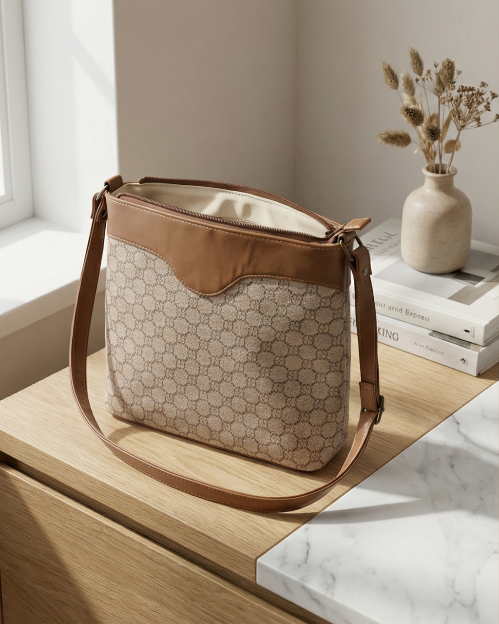Beige Monogram Crossbody Sling Bag