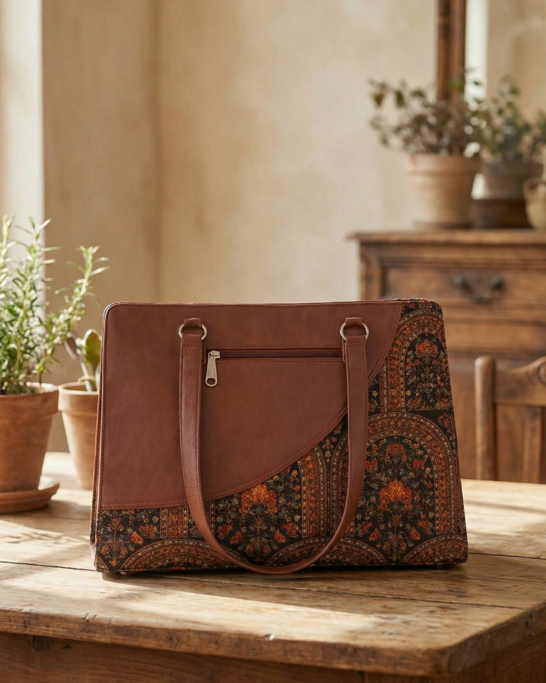 Dark Ethnic Premium Brown Faux Leather Finish Office Chic Carry Bag for Women
