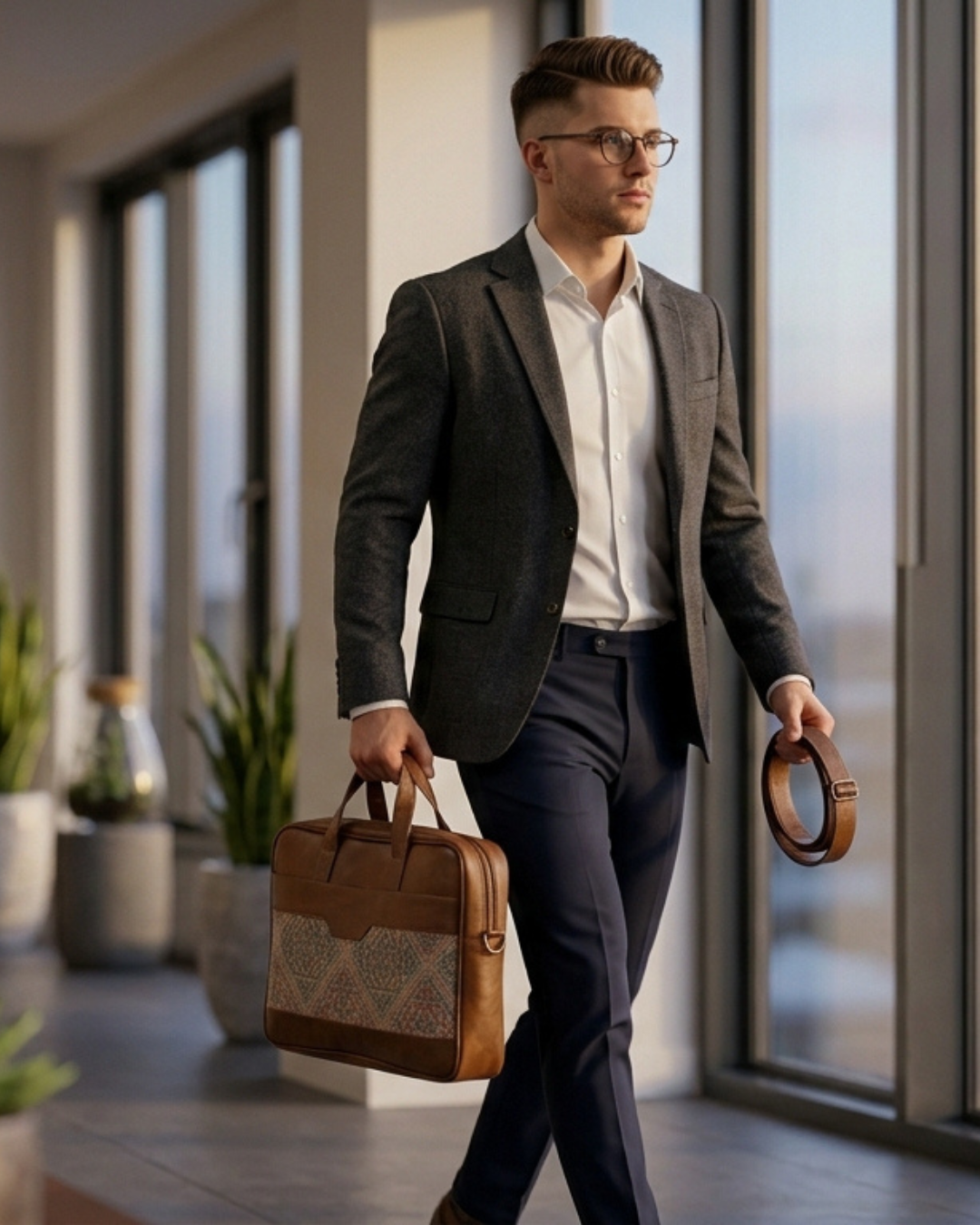 Men's Vintage Pattern Canvas & PU Leather Laptop Office Bag