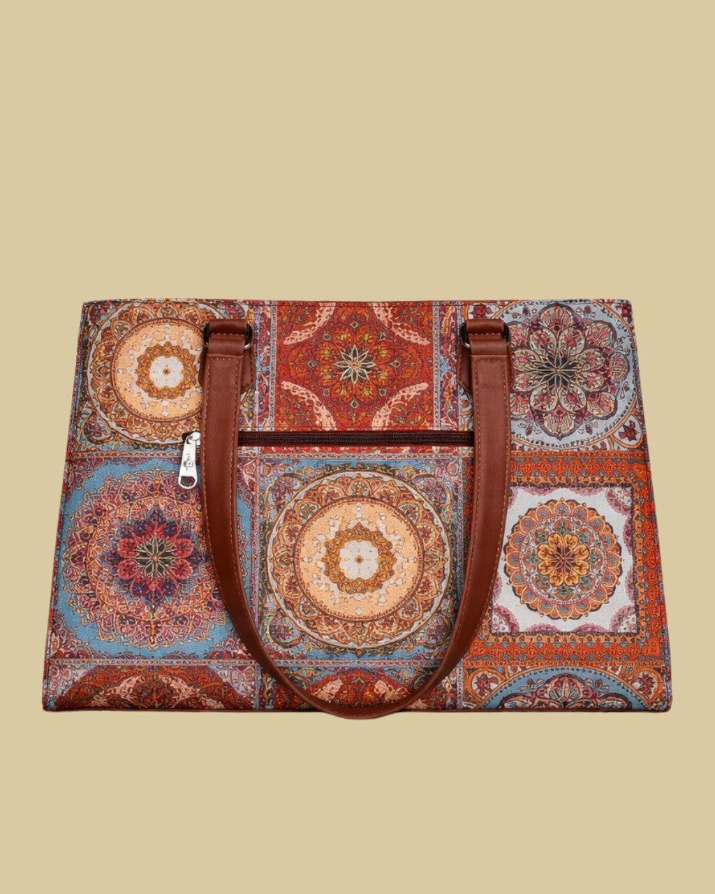 Multicolor Mandala Premium Brown Faux Leather Professional Handbag for Women
