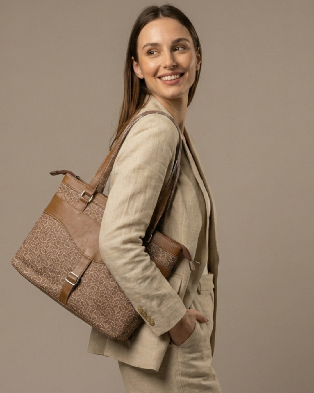 Beige Abstract Shoulder Bag Faux Leather Handles for Women