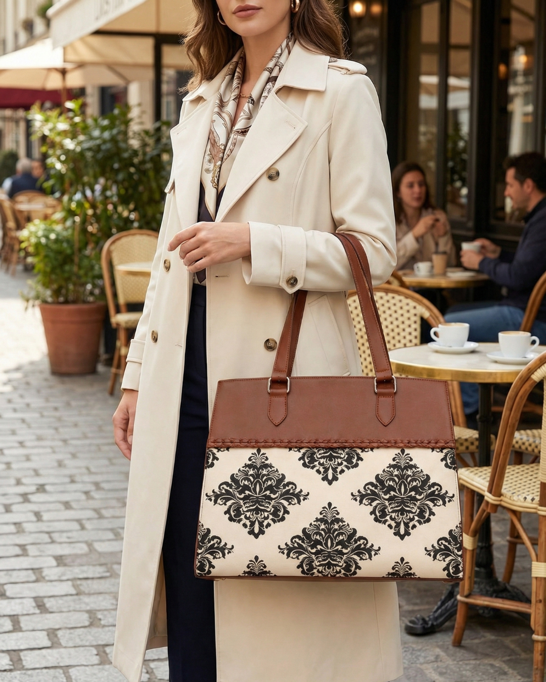 Classic Beige Damask Premium Brown Faux Leather Professional Handbag for Women