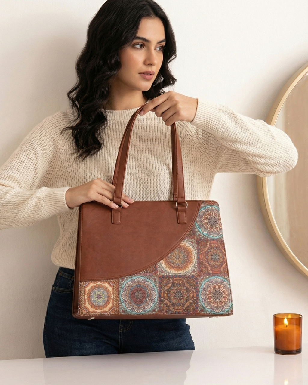 Mandala Premium Brown Faux Leather Finish Office Chic Carry Bag for Women