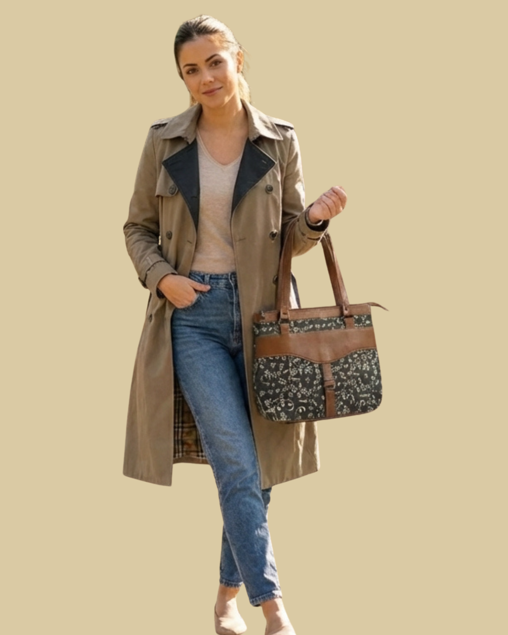 Black Floral Shoulder Bag Faux Leather Handles for Women