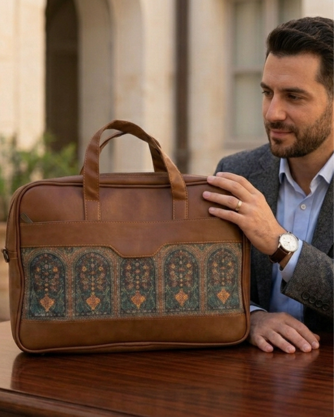 Men's Ethnic Canvas & PU Leather Laptop Office Bag