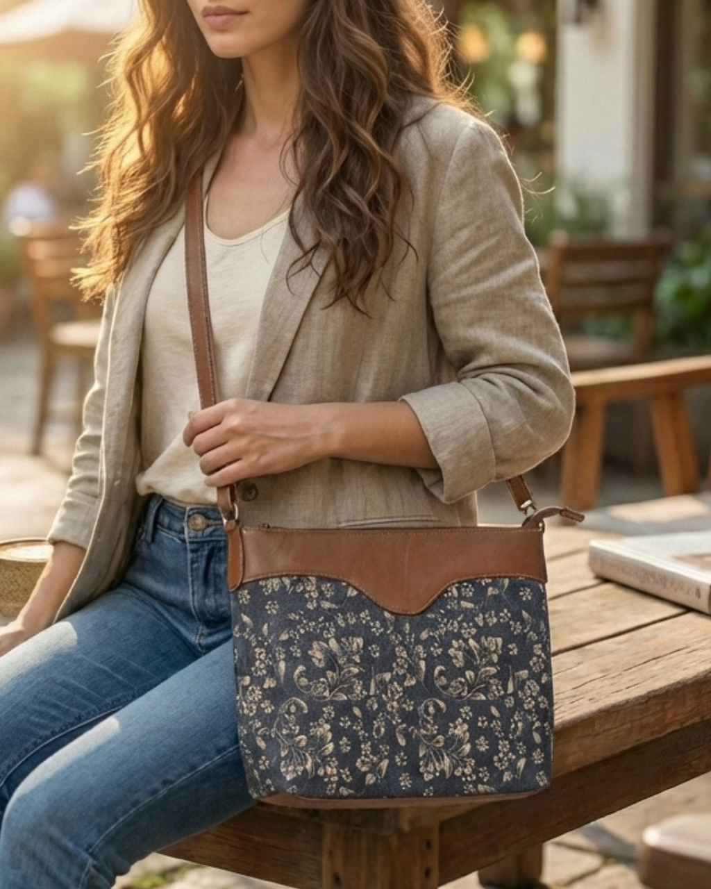 Navy Blue Floral Crossbody Sling Bag