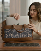 Navy Blue Floral Women's Laptop Bag Faux Leather Handles